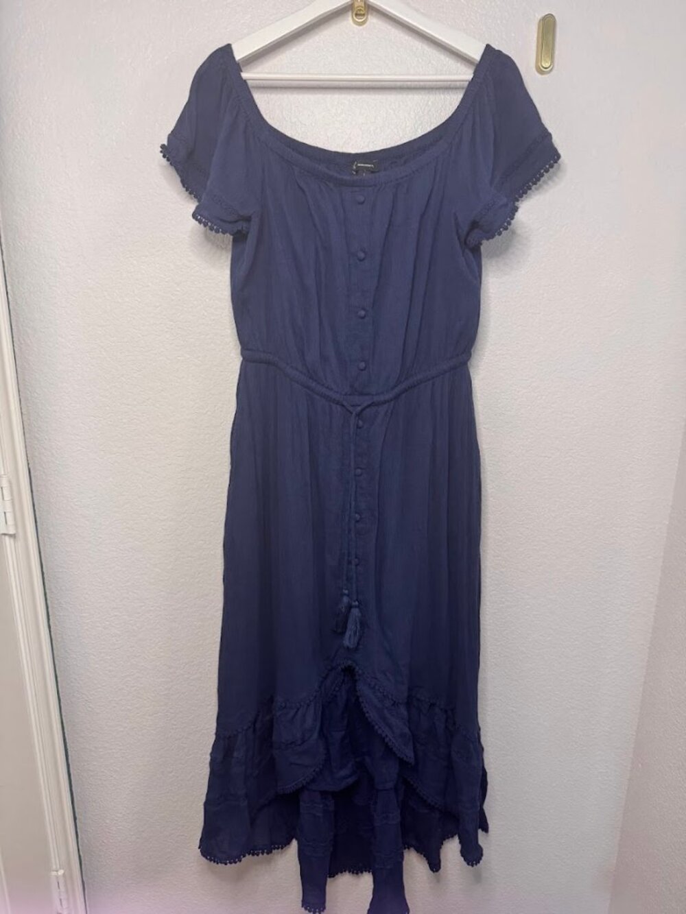 INC Blue Cotton Blend Off-Shoulder High-Low Boho Midi Dress Boho - L